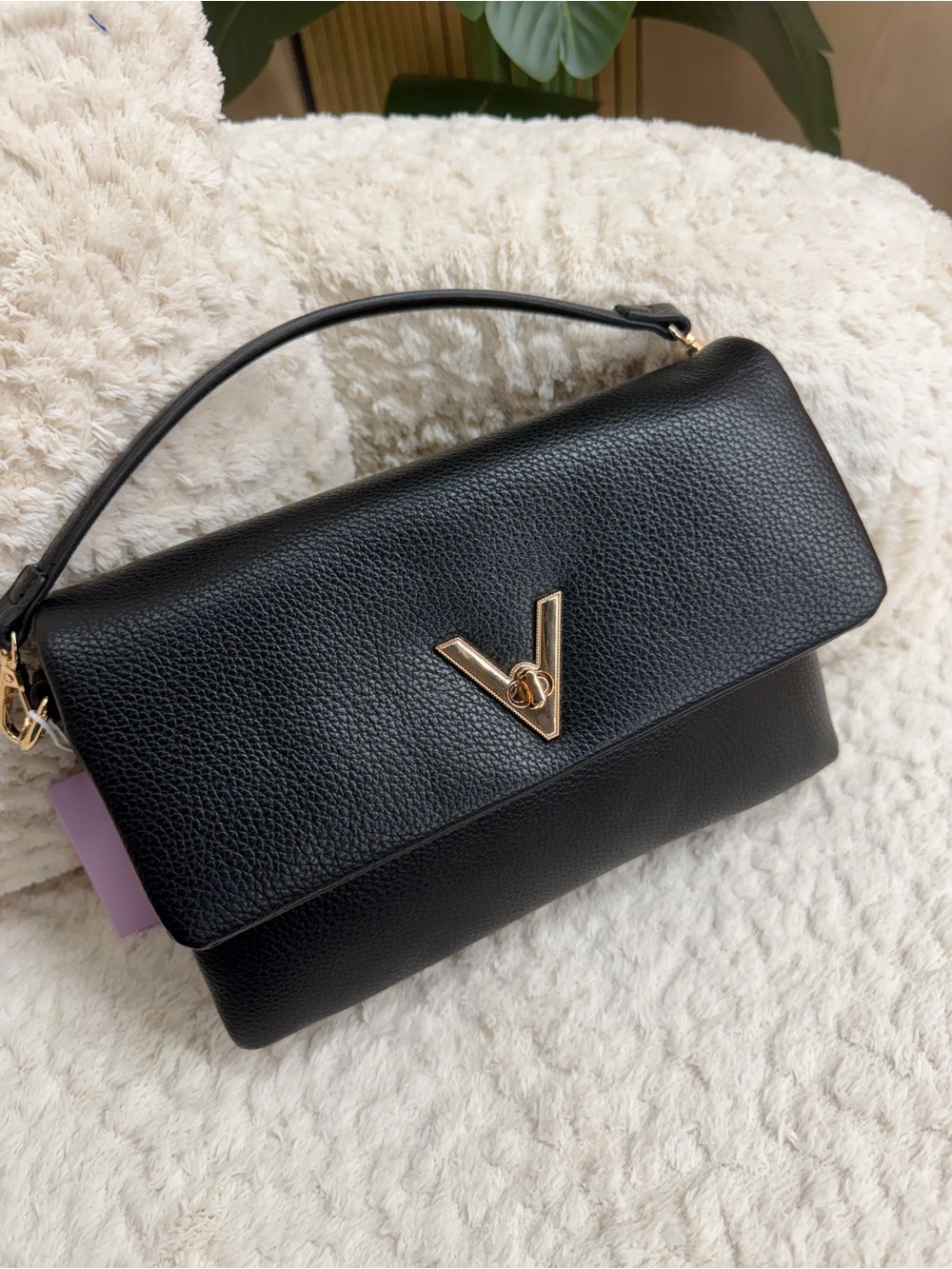 Black Leather Top-Handle Shoulder Bag with Gold V Accent